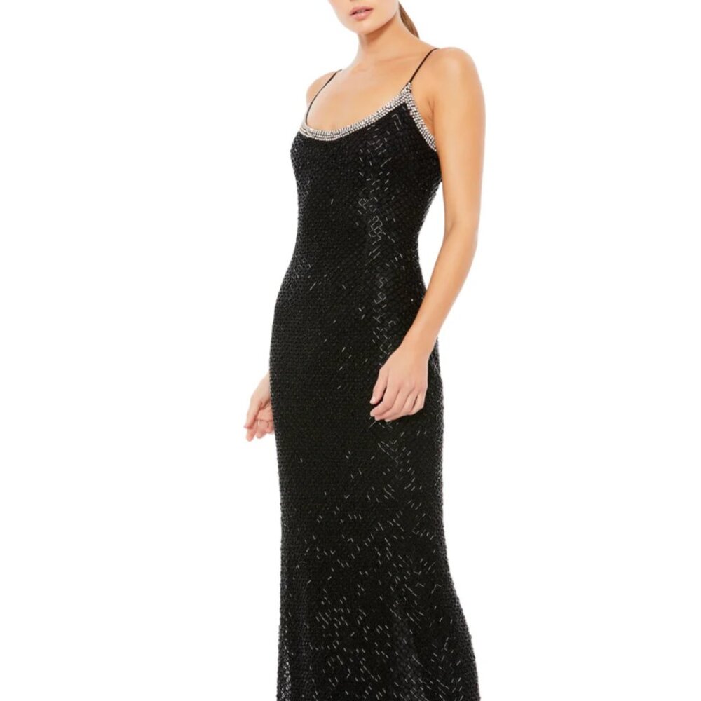 MAC DUGGAL Black Beaded Column Gown 12 NWT